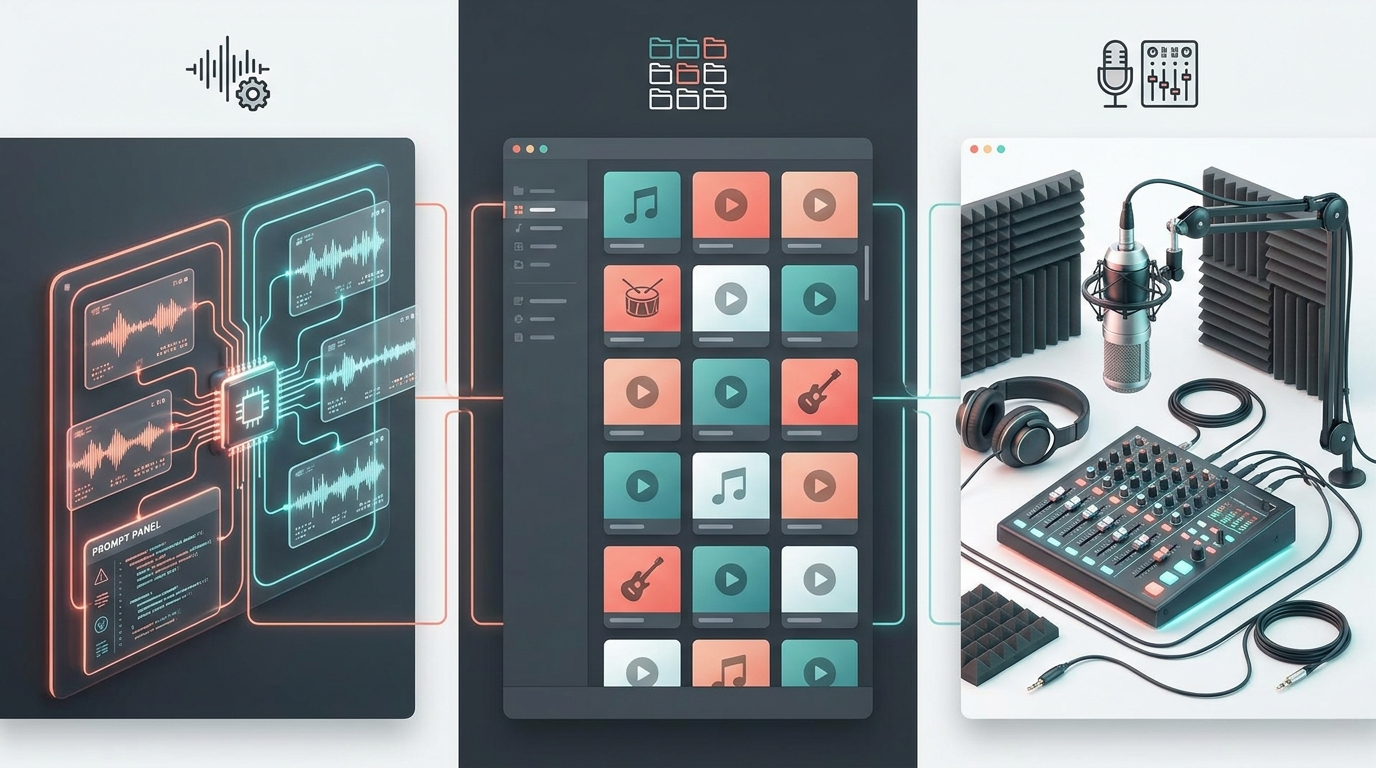 Comparison of AI audio workflow, stock tracks, and studio production