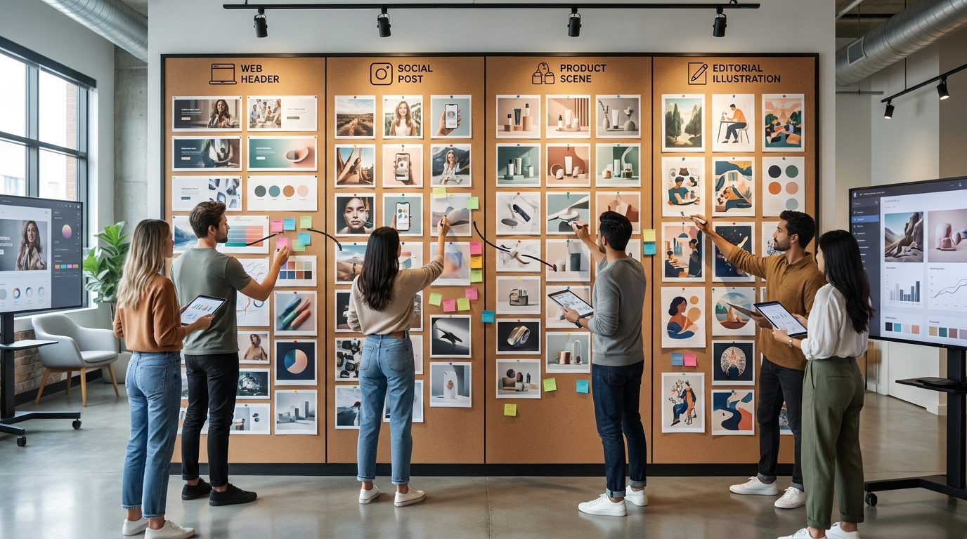 Creative review board comparing AI image concepts for a campaign