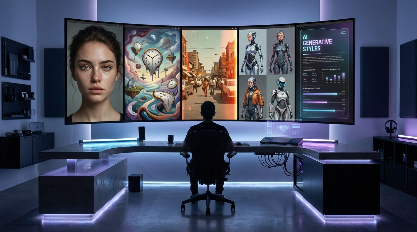 Five AI image generation trends displayed on screen in creative workspace 2026