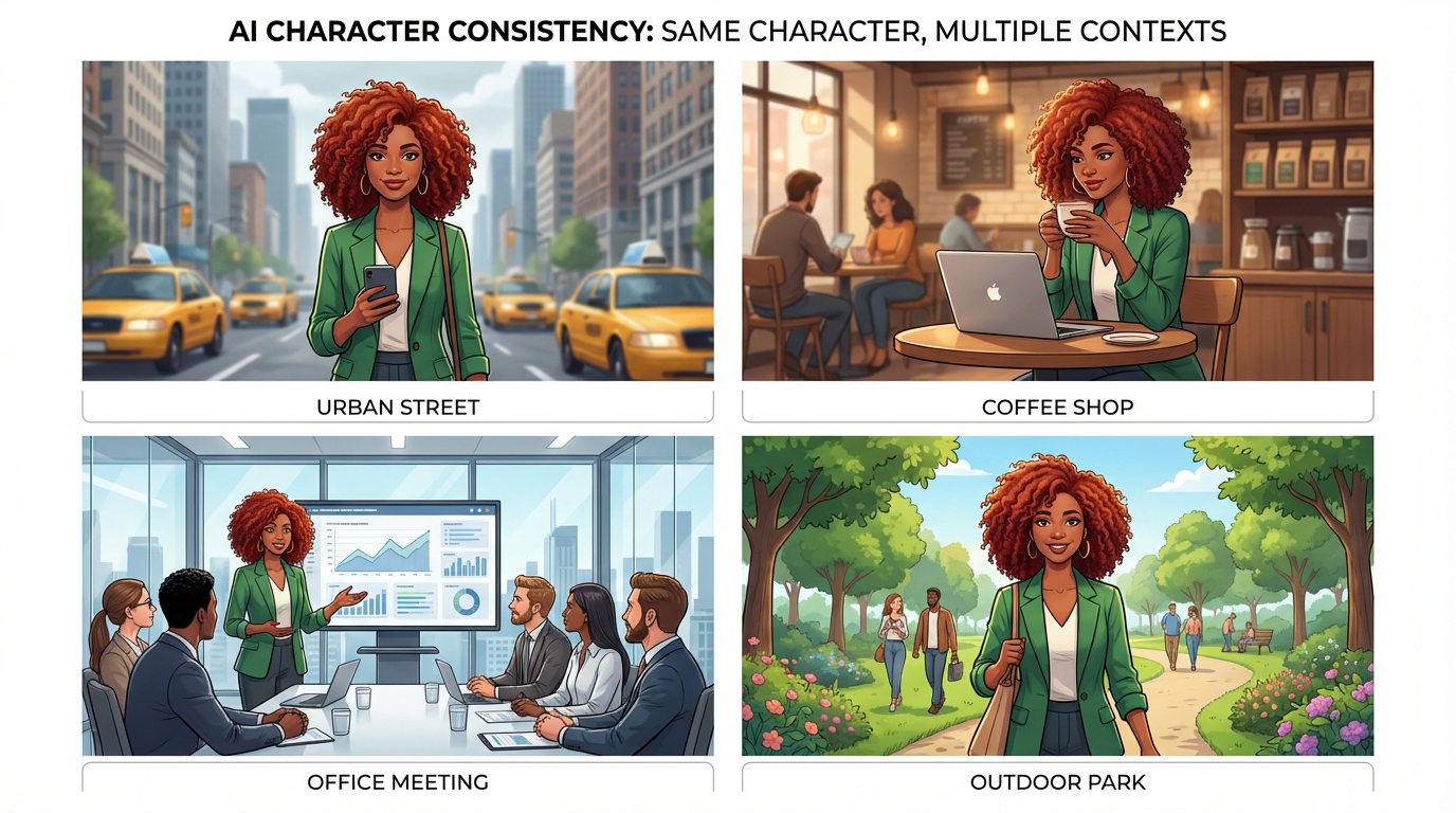 AI character consistency demonstration same person across four different scenes