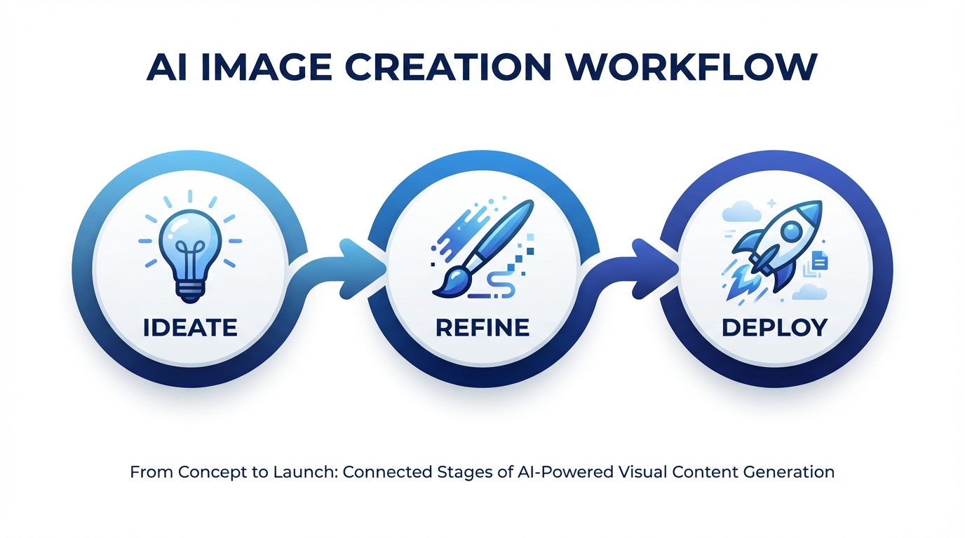 Three-stage AI image generation workflow from ideation to refinement to deployment